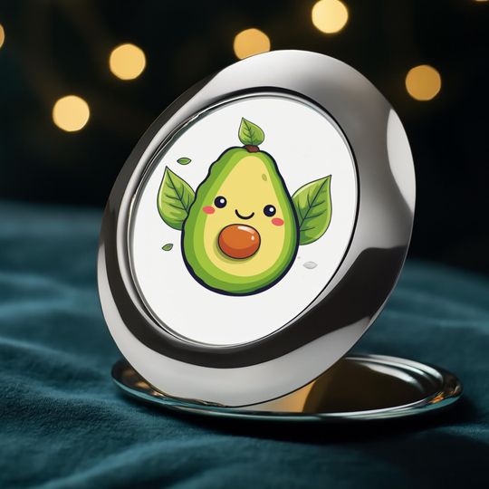 Kawaii Avocado Compact Mirror | Cute Portable Travel Makeup Mirror | Happy Fruit Design Gift for Her & Teens | Whimsical Accessory