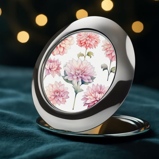 Pink Dahlia Watercolor Compact Mirror | Elegant Floral Travel Mirror | Botanical Makeup Mirror | Feminine Gift for Her | Bridesmaid Gift
