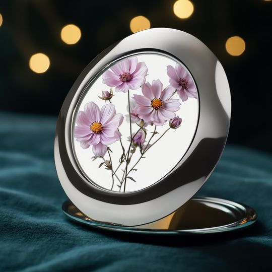Pink Cosmos Compact Travel Mirror, Elegant Floral Design, Botanical Makeup Mirror, Portable Beauty Accessory, Gift for Her, Sophisticated.