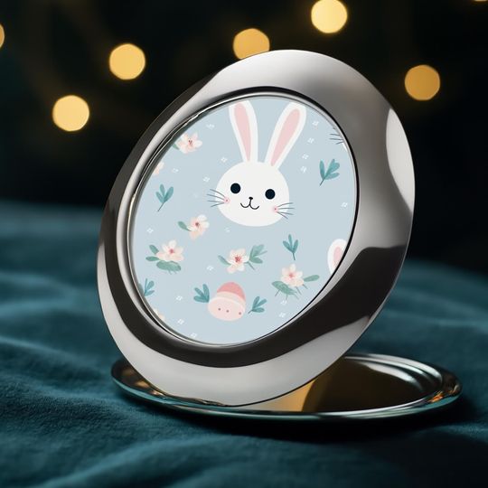Cute Bunny Travel Mirror with Pastel Cherry Blossom and Easter Egg Design | Portable Makeup Accessory for Girls and Teens | Spring Gift
