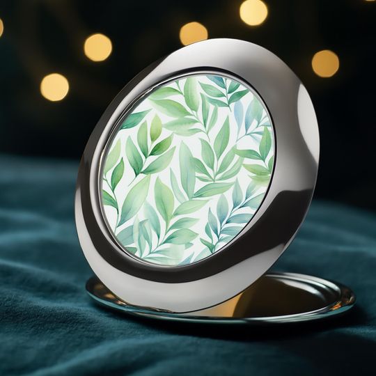Watercolor Leaves Compact Travel Mirror | Botanical Nature Serene Pocket Makeup Mirror | Portable Gift for Her | Tranquil Greenery Design