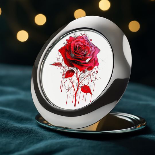 Bleeding Rose Compact Mirror, Gothic Makeup Travel Mirror, Edgy Dark Romance Pocket Mirror, Unique Alternative Gift for Her, Dramatic Floral