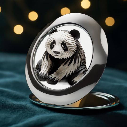 Artistic Papercraft Panda Compact Travel Mirror | Unique Black and White Sculptural Design | Modern Portable Makeup Accessory Gift