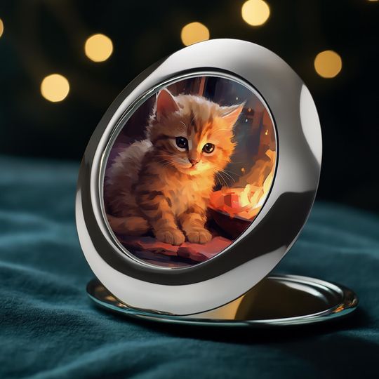 Adorable Kitten Compact Mirror | Cozy Fireplace Cat Travel Mirror | Fluffy Orange Tabby Pet Lover Gift | Heartwarming Animal Art Print