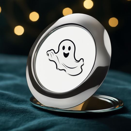 Spooky Smiles Compact Mirror | Cute Ghost Design | Halloween Makeup Essential | Whimsical Portable Accessory | Friendly Ghost Gift Idea