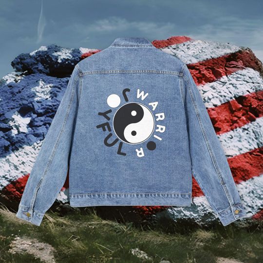 Vintage JOYFUL WARRIOR! Graphic Denim Jacket for Trendy Men, Casual Streetwear, Gift for Him, Summer/Fall Fashion, Patriotic Style, gag gift