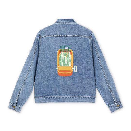 Stylish Men's Denim Jacket with Unique Sardine Tin Design, Casual Outfits, Layering Piece, Gift for Him, Streetwear