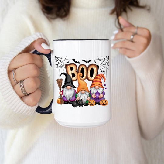 Boo Gnome Print on Two-Tone Coffee Mugs Halloween Gnome Design on Large Coffee Mug