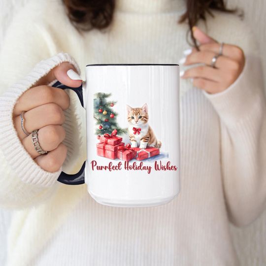 Purrfect Holiday Wishes Kitten on Two-Tone Coffee Mugs Secret Santa Gift Unique Gift