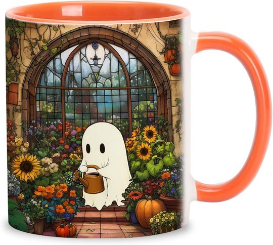 Hyturtle Cute Ghost Coffee Mug, Ghost Plant Mug, Spooky Cup Gifts For Plant Lovers