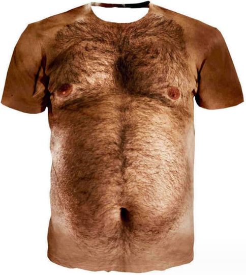 Unisex 3D Hairy Chest Art Printed Crewneck Hilarious T-Shirts