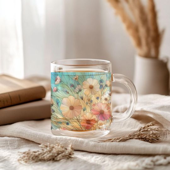 Floral Glass Mug with Wildflowers – Clear Stained Glass Effect for Tea and Coffee - Kitchen Decor & Gift