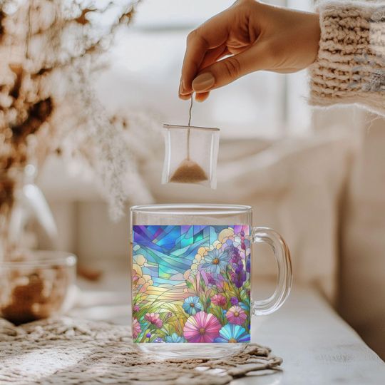 Stained Glass Effect Coffee Mug with Wildflowers - Floral Clear Mug for Tea & Coffee, Kitchen Decor, Mother’s Day Gift