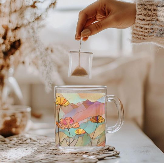 Mountain Poppies Stained Glass Effect Floral Glass Mug for Tea and Coffee
