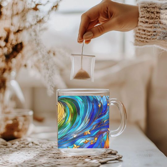 Ocean Wave Coffee Mug Stained Glass Effect Clear Mug for Tea Coffee Lovers Colorful Glass Abstract Seascape Art Decor Mother's Day Gift Mug