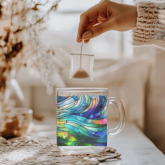 Stained Glass Illusion Coffee Mug Sea Waves Clear Glass Mug for Tea Coffee Lovers Abstract Seascape Art