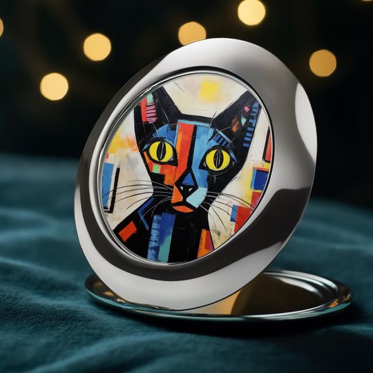 Abstract Cat Compact Travel Mirror, Cat Lover Gift