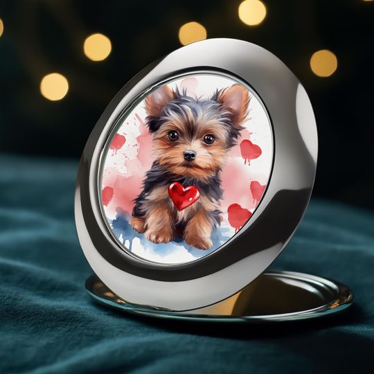 Yorkshire Terrier Puppy Compact Travel Mirror, Cute Pet Lover Gift for Dog Moms & Valentine's Day