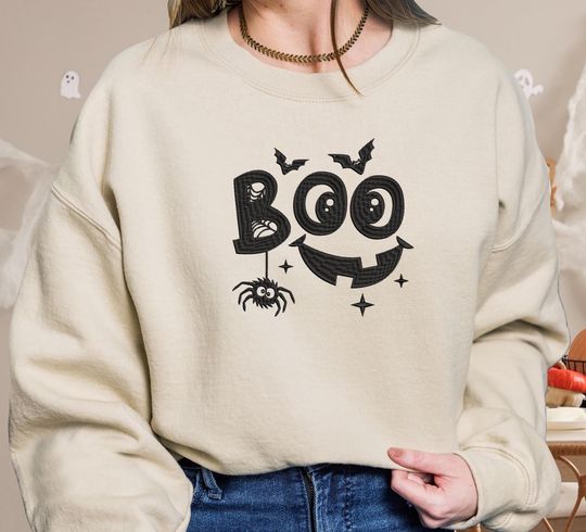 BOO Halloween Embroidered Sweatshirt - Cute Ghost Spider Bat Fall Crewneck - Cozy Halloween Shirt