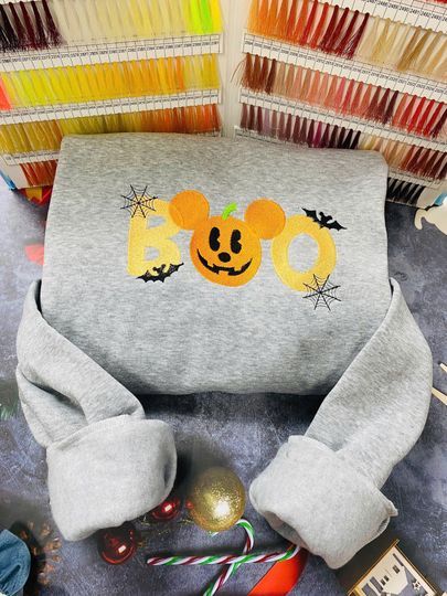 Boo Halloween Sweatshirt  Pumpkin Mickey Embroidery, Spooky Cute Fall Sweater, Disney-Inspired Halloween Gift