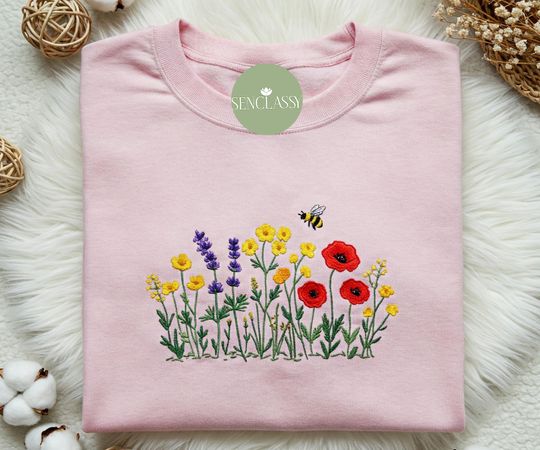 Wildflower Botany With Honey Bee Embroidered Sweatshirt, Butterfly Hoodie, Cozy Embroidery Crewneck For Her, Nature Lover Gift For Women