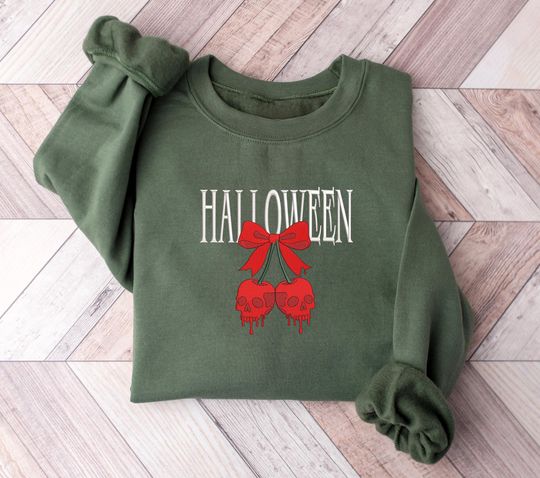 Cherry Skull Embroidered Halloween Sweatshirt | Spooky Cute Fruit Skeleton Shirt | Creepy Embroidery Fall Sweater | Skull Cherry Goth Tee