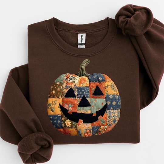 Retro Patchwork Halloween Pumpkin Sweatshirt, Halloween Pumpkin Shirt, Spooky Season Sweater, Halloween Cute Women Outfit, Halloween Gift