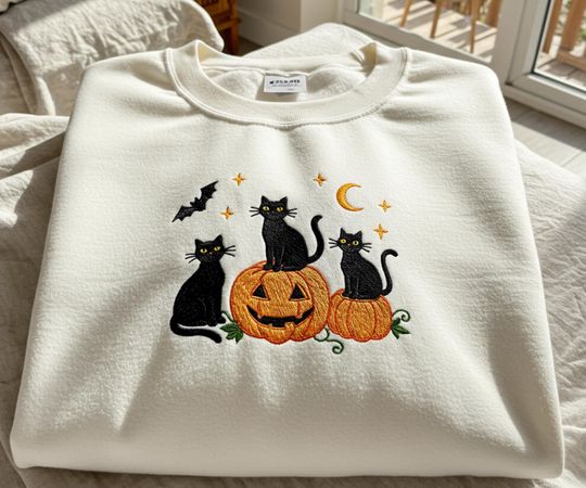 Embroidered Black Cat Pumpkin Sweatshirt, Cute Halloween Crewneck, Spooky Season Embroidery, Fall Pumpkin Sweater, Ghost Bat Cat Lover Gift