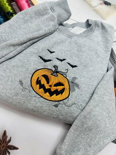 Embroidered Pumpkin Halloween Sweatshirt  Spooky Jack-O'-Lantern Pullover with Bats  Fall Cozy Sweater  Creepy Cute October Shirt