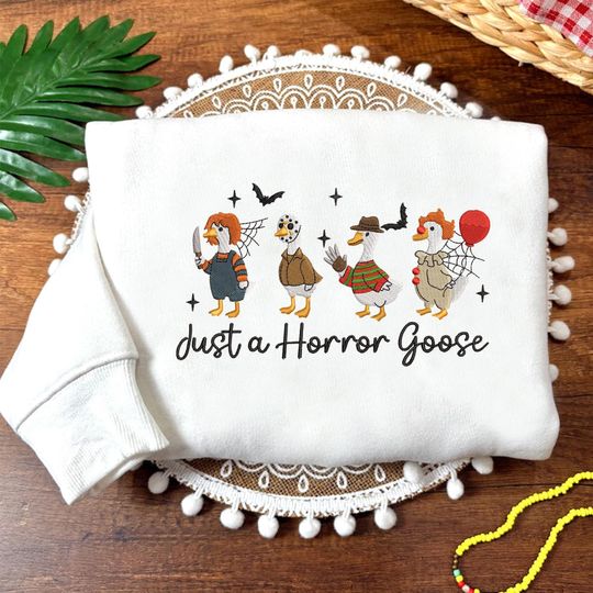 Horror Goose Embroidered Sweatshirt, Chucky Jason Freddy Pennywise Hoodie, Funny Halloween Fall Duck Tee, Spooky Goose Gift For Fan ESH4901