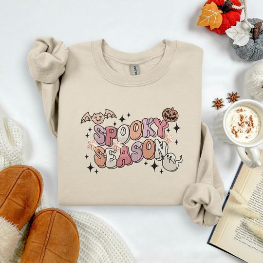 Embroidered Cute Spooky Season Sweatshirt, Womens Halloween Crewneck, Cozy Fall Embroidery Sweater, Cute Autumn Spooky Season Gift