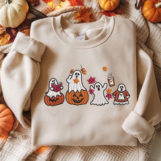 Halloween Ghost Pumpkin Embroidered Sweatshirt, Cute Fall Ghosts Crewneck, Autumn Leaves Coffee Embroidery Shirt, Cozy Pumpkin Spice Sweater