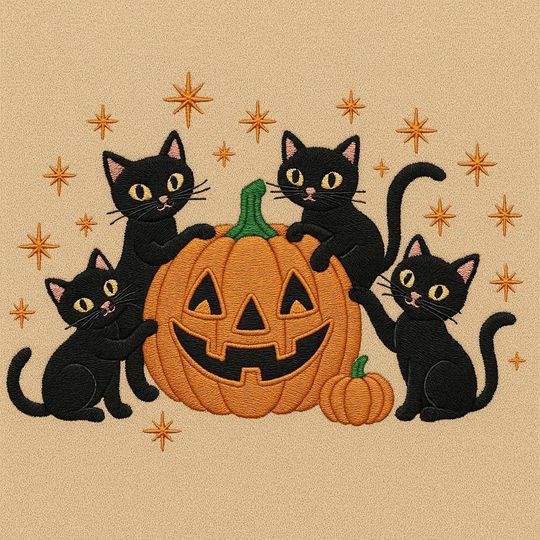 Digital Halloween Black Cat Embroidery File, Spooky Pumpkin Fall Design, Cute Bat Autumn Embroidery, Cat Lover Machine Embroidery Pattern