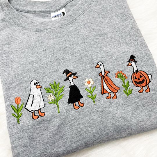 Cute Halloween Gooses Embroidered Sweatshirt, Cute Fall Pumpkin Witch Ghost Goose Crewneck Sweater Autumn Animal Embroidered Shirt