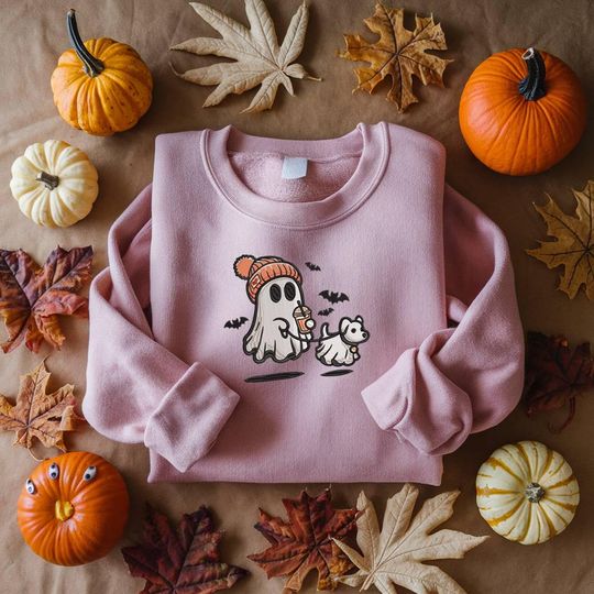 Halloween Ghost Dog Embroidered Sweatshirt, Cute Ghost Sweatshirt, Spooky Ghost, Spooky Season, Cute Halloween, Halloween Gift, Gift for Her