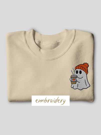 Cozy Ghost Coffee Embroidered Sweatshirt, Fall Halloween Autumn Cute Ghost with Beanie Embroidery Pullover, Spooky Season Cozy Gift Sweater