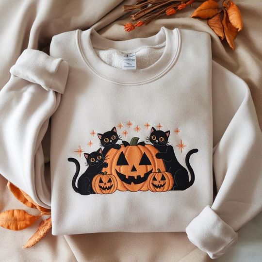 Embroidered Halloween Black Cat Sweatshirt, Pumpkin Fall Sweater, Halloween Crewneck, Cute Autumn Spooky Season, Bat Tee Top, Cat Lover Gift