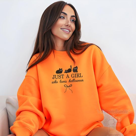 Embroidered Black Cat Halloween Sweatshirt, Just A Girl Who Loves Halloween Shirt, Funny Cat Crewneck Sweatshirt, Halloween Gift for Her