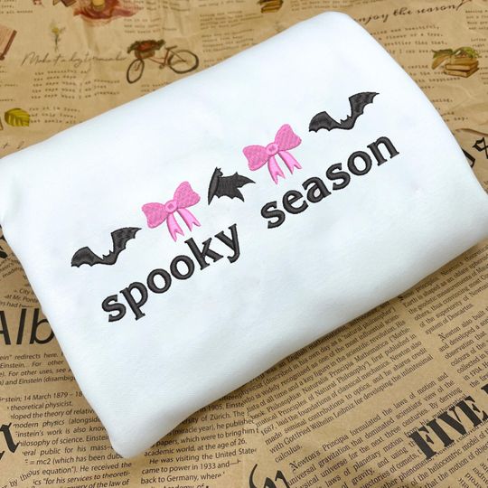 Cute Bow and Bat Halloween Embroidered Sweatshirt, Spooky Season Crewneck Sweater, Funny Halloween Embroidered Shirt 2025