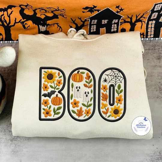 Boo Embroidered Sweatshirt, Halloween Embroidery Shirt, Black Cat Shirt, Spooky Season Gifts, Halloween Bat Ghost, Cute And Scary ESS438.H.C