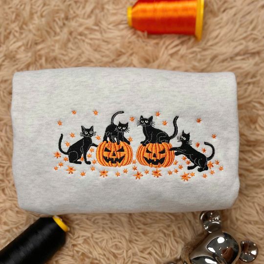 Embroidered Halloween Black Cat Sweatshirt, Pumpkin Fall Sweater, Halloween Crewneck, Cute Autumn Spooky Season, Bat Tee Top, Cat Lover Gift