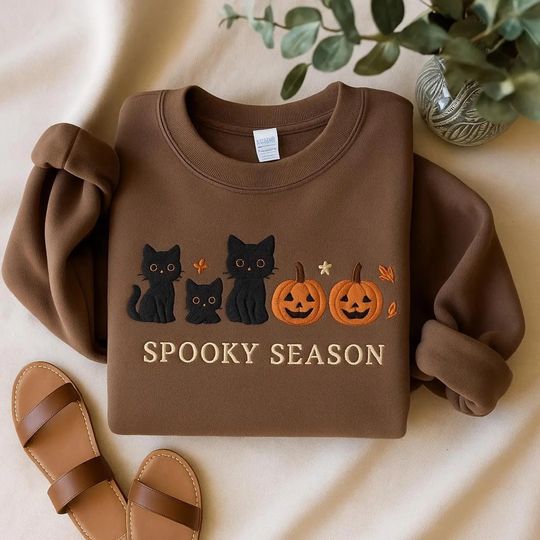 Embroidered Halloween Black Cat Sweatshirt, Spooky Season Shirt, Cute Autumn Crewneck, Cat Lover Sweatshirt, Halloween Crewneck Embroidered