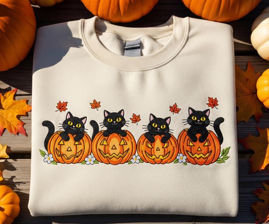 Cute Halloween Black Cat Pumpkin Embroidered Sweatshirt, Autumn Fall Cozy Crewneck, Spooky Season Cat Lover Gift, Pumpkin Fall Sweater