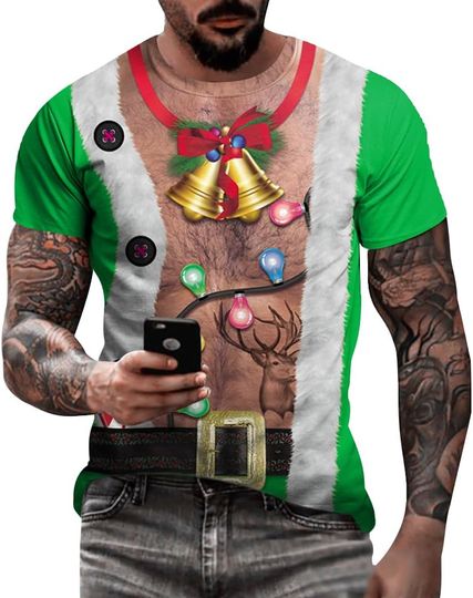 Men’s Ugly Christmas Tee – 3D Printed Funny Tree with Xmas Lights