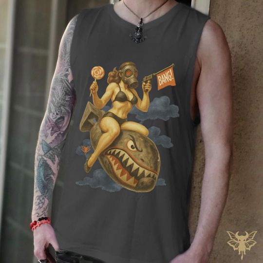 Gas Mask Pinup Bomb Rider Tee, Rockabilly Rebel Shirt, Vintage Bomber Style, Hand Painted Design, Sleeveless Graphic Top, Car Meet Outfit