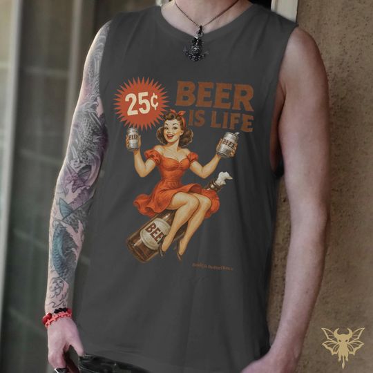 Pinup Girl Design Unisex Muscle Tee, Classic Party Tank, Bold Beer Lover Shirt, Nostalgic Retro Art, Soft Cotton Summer Wear
