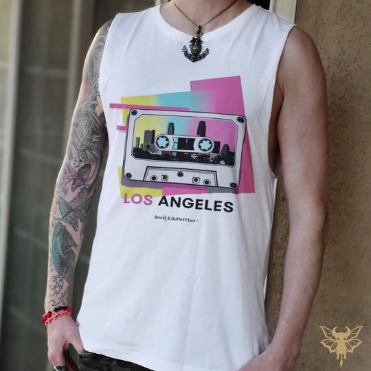 LA Neon Tank Top 80s Nostalgic Style, Weekend Casual Wear, Light Breathable Cotton, Raw Sleeve Edges, Music Lover Gift Tee