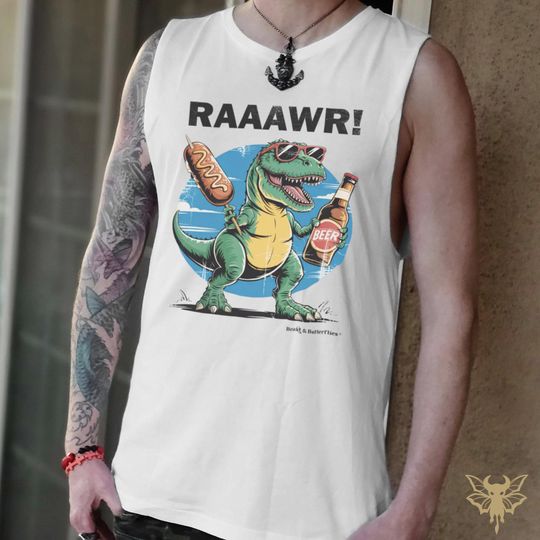 T-Rex Beer Party Tank, Humorous Dino Tee, Summer BBQ Outfit, Casual Cotton Top, Lightweight Sleeveless Shirt, Festival Wear