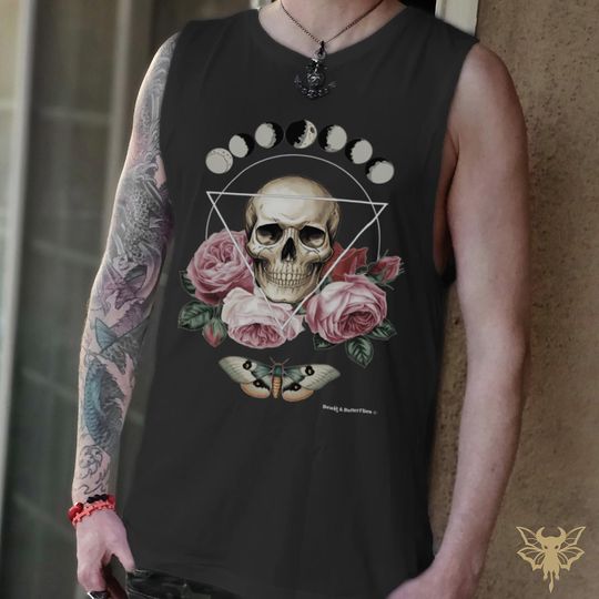 Barnard Skull Edgy Roses Tank, Urban Streetwear, Ribbed Collar, Rock Festival Shirt, Gothic Tattoo Tee, Alternative Muscle Fit