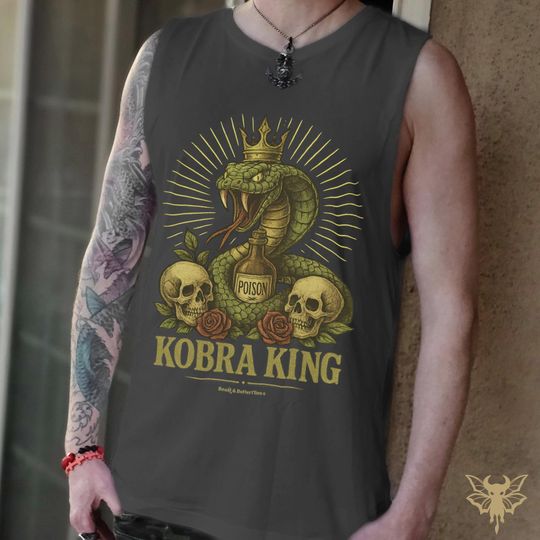 Snake King Kobra Tank, Raw Edge Sleeveless, Venom Bottle Design, Trendy Muscle Top, Summer Casual Shirt, Comfort Fit